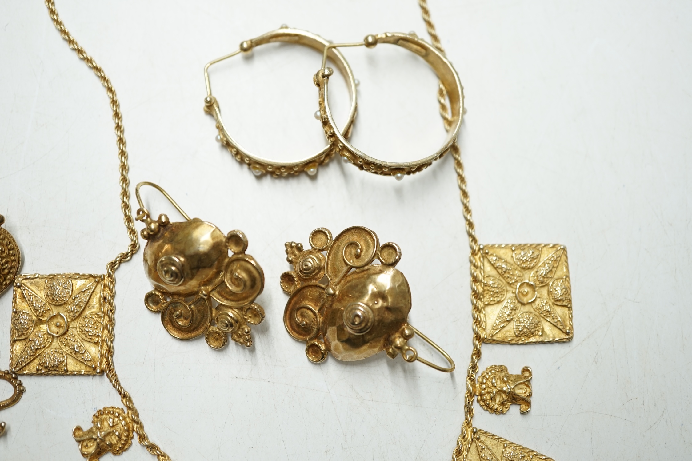 A small collection of Italian gilt 925 Etruscan revival jewellery by Louis Ciocchetti, comprising a necklace, 45.5cm and three assorted pairs of earrings. Condition - fair to good